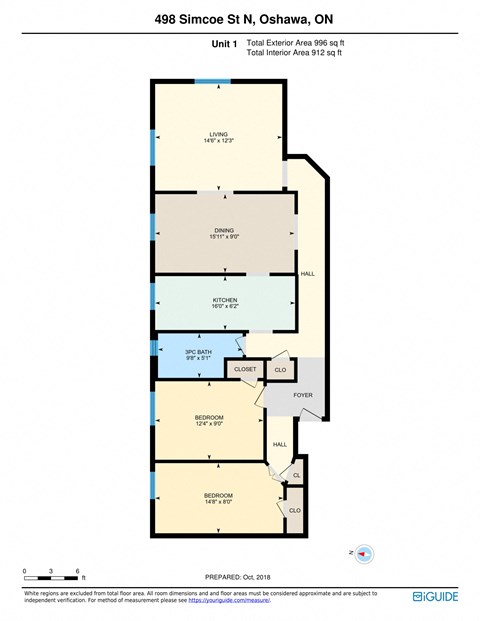 Floor plan for 2 beds, 1 bath, 930 sqft